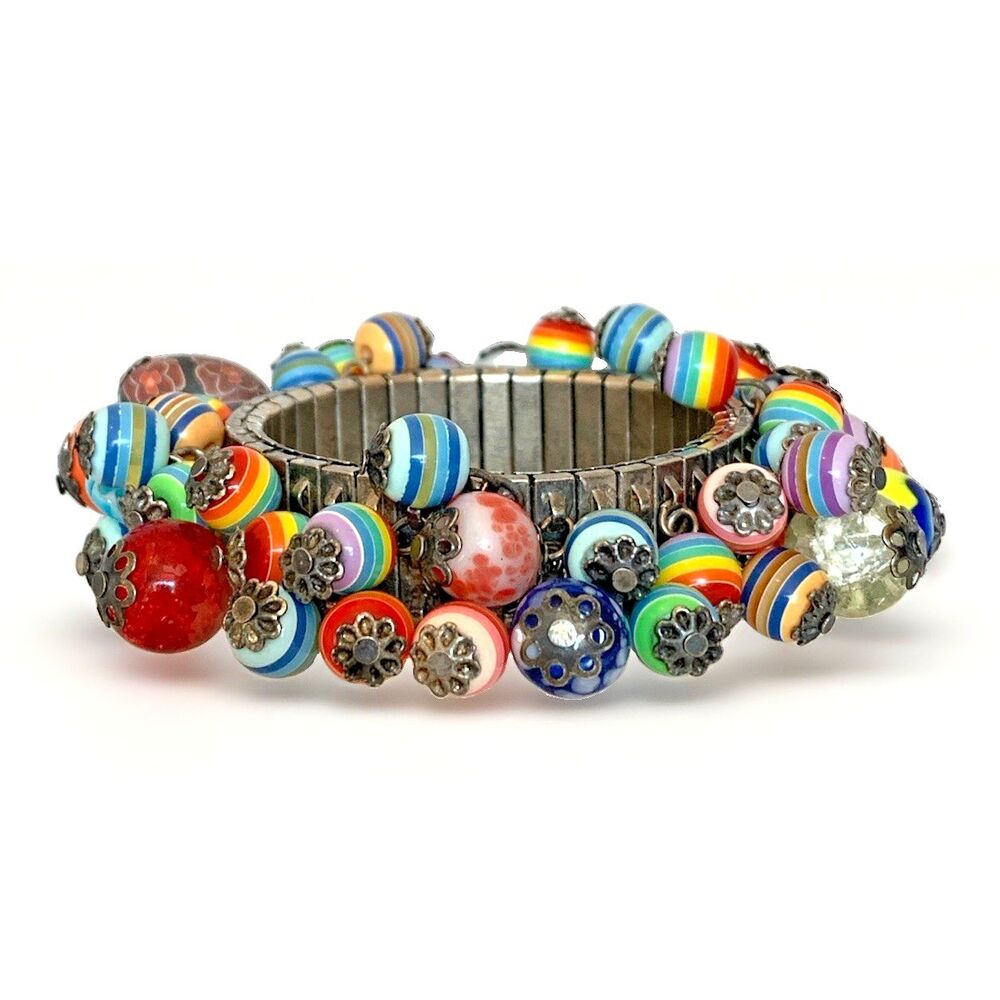 Vintage Multi Color Beaded Expansion Bracelet Lampwork Art Glass Statement